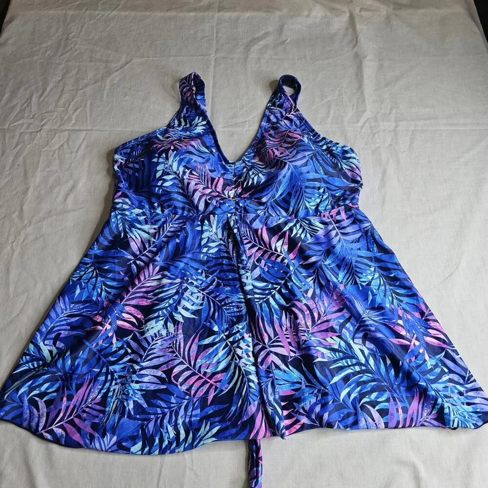 Yonique Tankini Swim Top Leaf Print Adjustable Straps Xl Blue Pink Coastal Beach